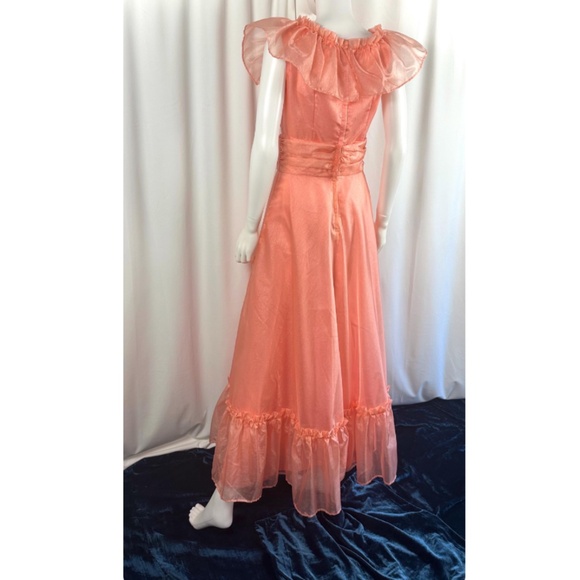 Vintage 1960’s 1970’s Custom Made Ruffled Collar Evening Gown in Orange • XS/S - Picture 9 of 10